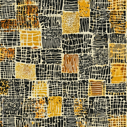 Seamless pattern, Artistic abstract design featuring black textured lines and...