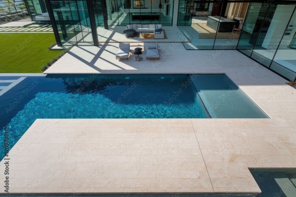 Obraz premium Modern luxury home with a sleek infinity pool and expansive patio, offering stunning views.