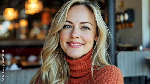 Wallpaper Mural smiling blond hair woman owner of luxurious restaurant sitting at her restaurant, SME and investment business concept Torontodigital.ca