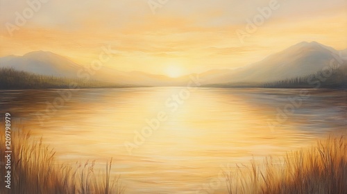 Peaceful landscape, calm lake, mountains, golden sunrise – tranquility, harmony in nature