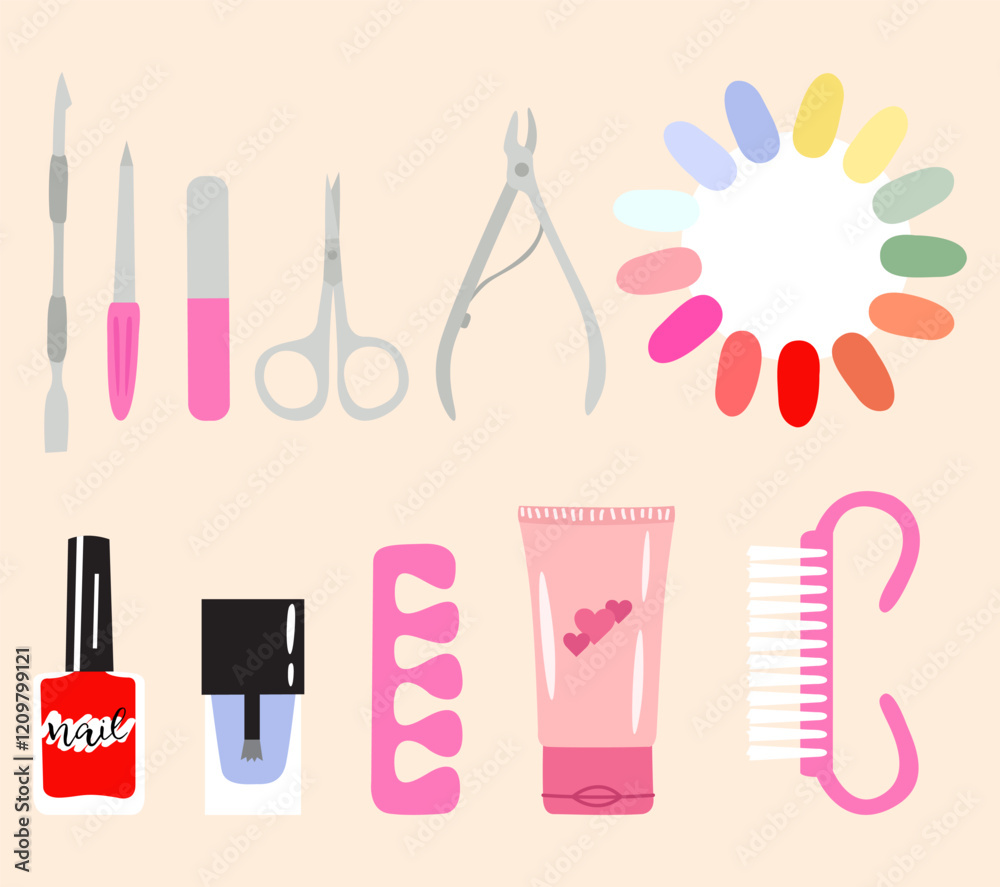 Set manicure tools on a light pink background. Set manicure tools on a light pink background.
