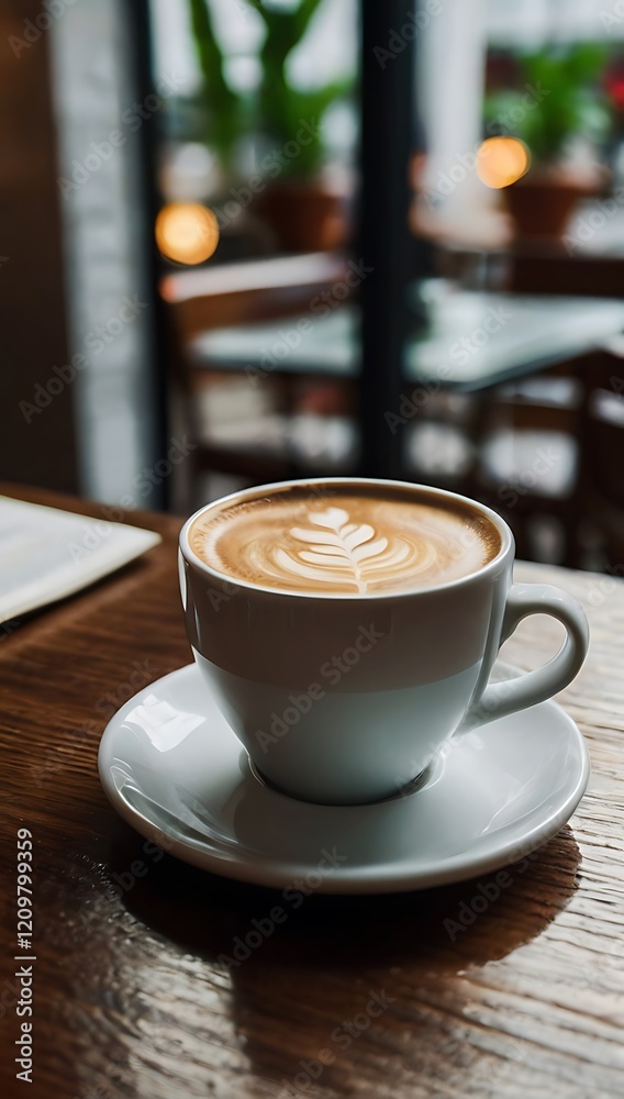 Fototapeta premium A coffee on the white cup in coffee shop cafe on the blur background image