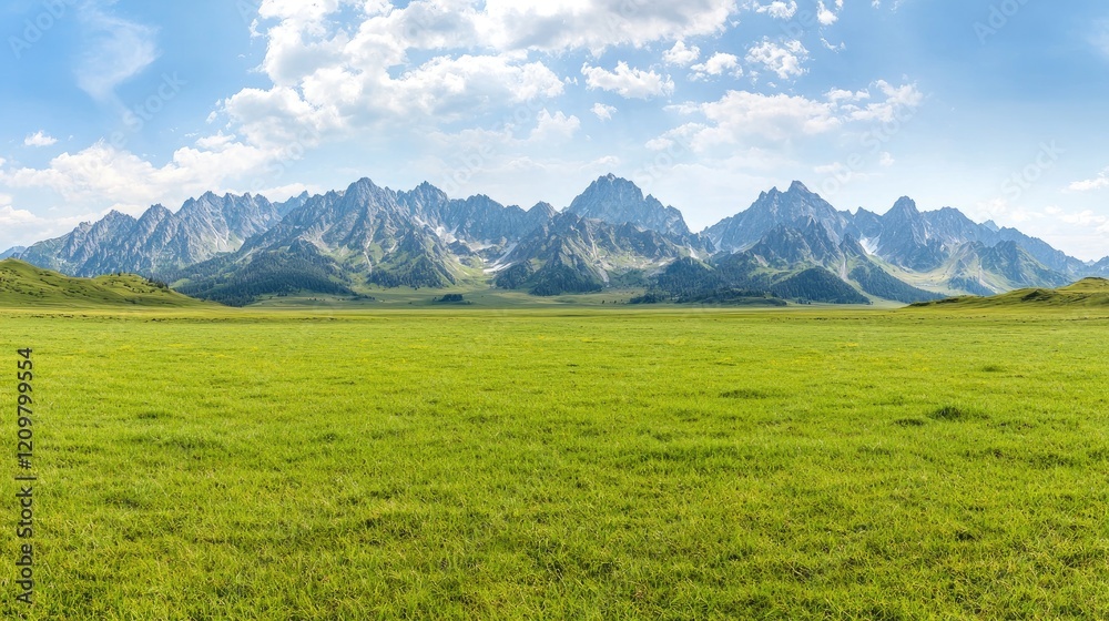 Fototapeta premium A vast green meadow spreads out before a majestic rocky mountain range under a bright blue sky.