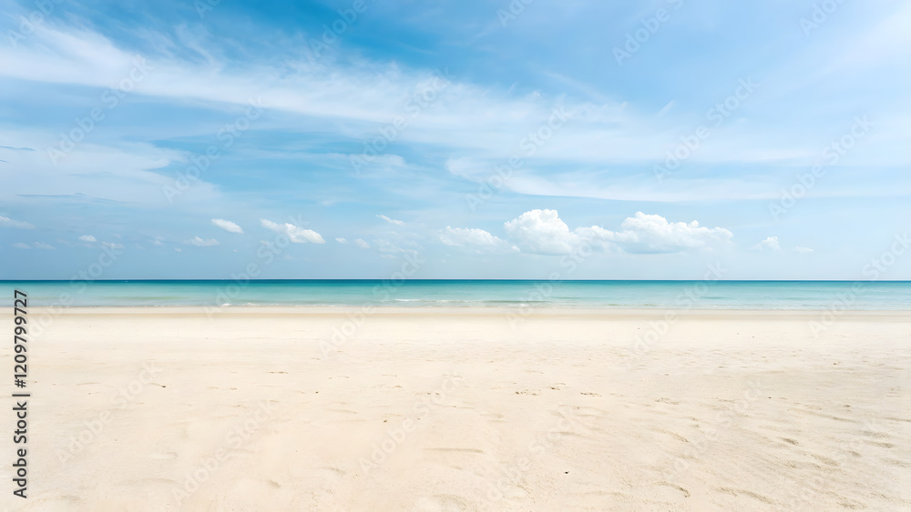 The vast ocean meets the sandy beach under a vibrant blue sky, creating a picturesque tropical seascape perfect for summer vacations The vast ocean meets the sandy beach under a vibrant blue sky, creating a picturesque tropical seascape perfect for summer vacations