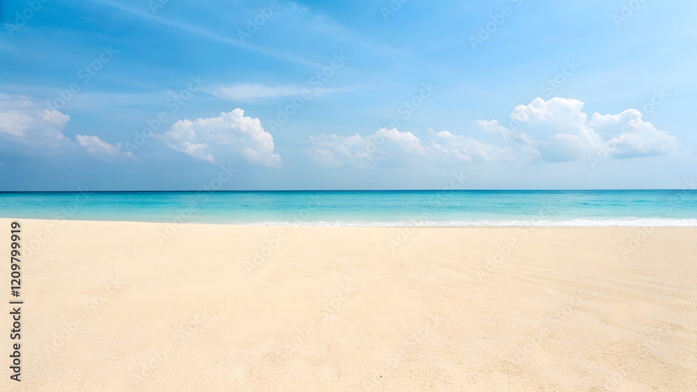 The vast ocean meets the sandy beach under a vibrant blue sky, creating a picturesque tropical seascape perfect for summer vacations The vast ocean meets the sandy beach under a vibrant blue sky, creating a picturesque tropical seascape perfect for summer vacations