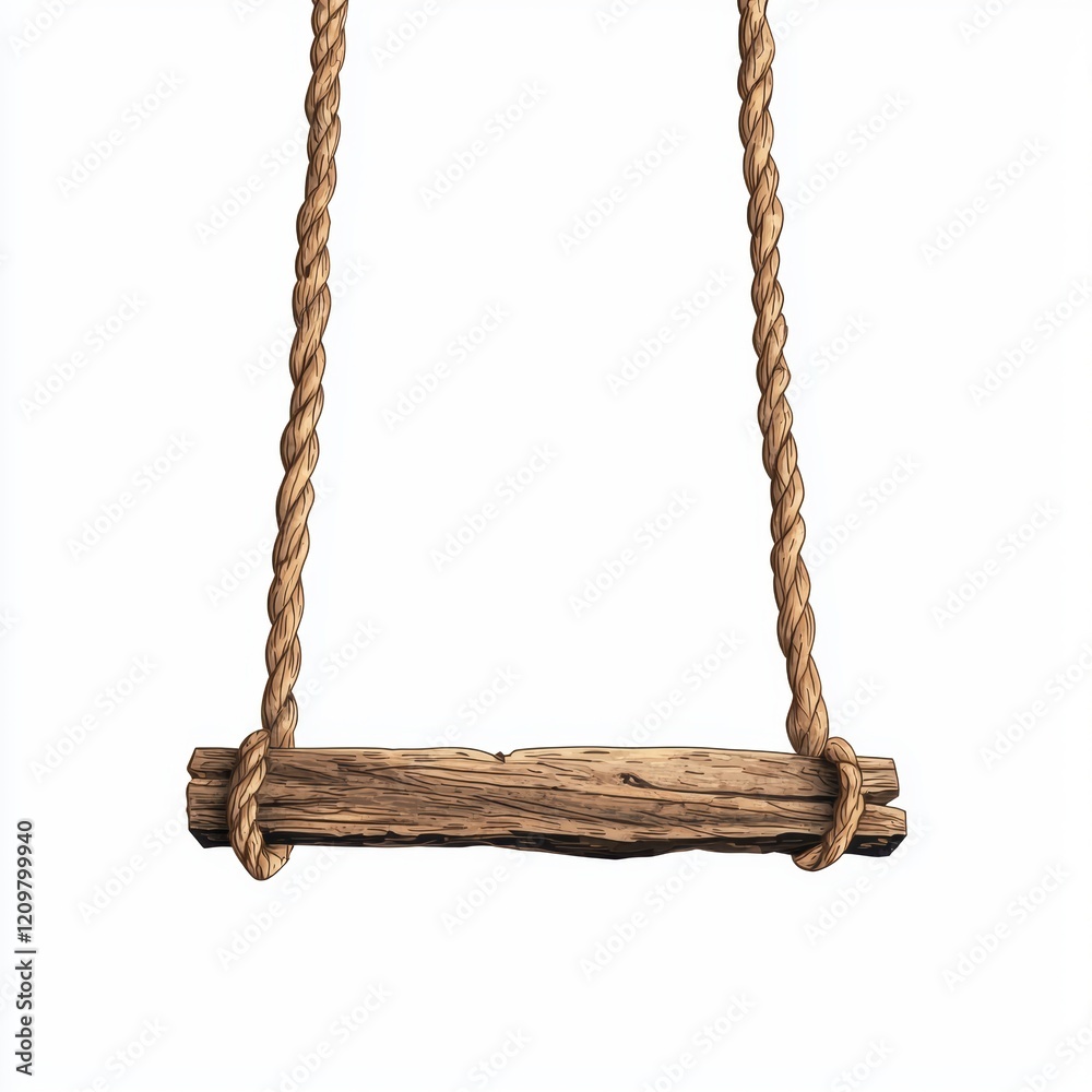 Wooden Swing Hanging from Rope in a Sunny Outdoor Playground Setting Wooden Swing Hanging from Rope in a Sunny Outdoor Playground Setting