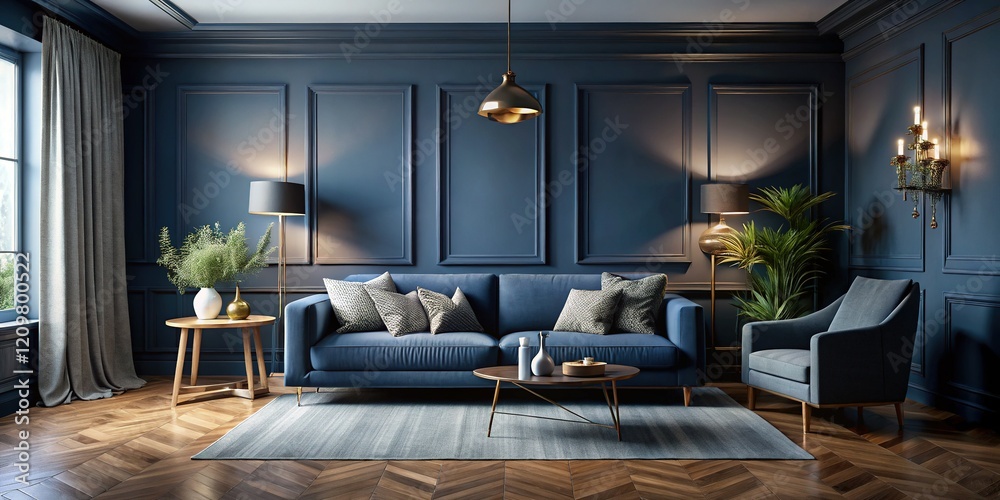 Empty Dark Blue Living Room Interior Mockup - 3D Rendered Documentary Style Empty Dark Blue Living Room Interior Mockup - 3D Rendered Documentary Style