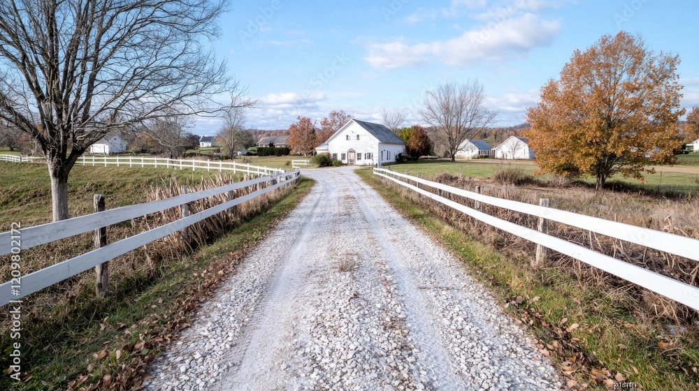 Gravel road leads to farmhouse, autumn landscape. Real estate, travel, rural