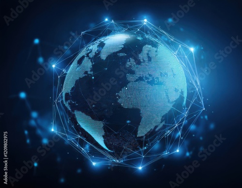 Floating blue plexus geometric. Blue futuristic background with planet Earth shape