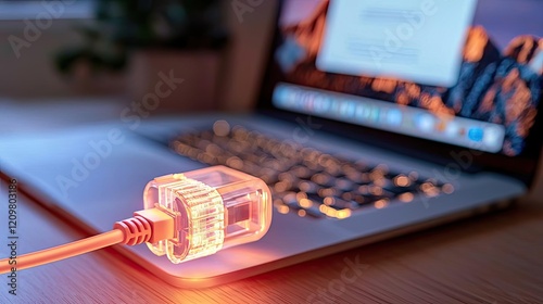 Online courses idea. Close-up view of a glowing power adapter connected to a laptop.