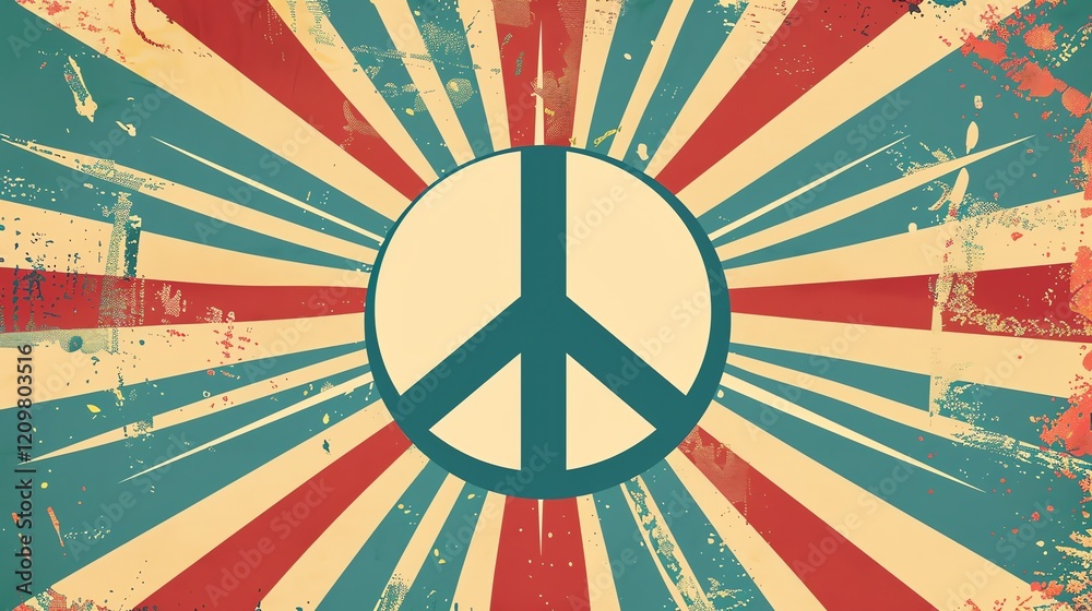 A retro style peace sign on a sunburst background.