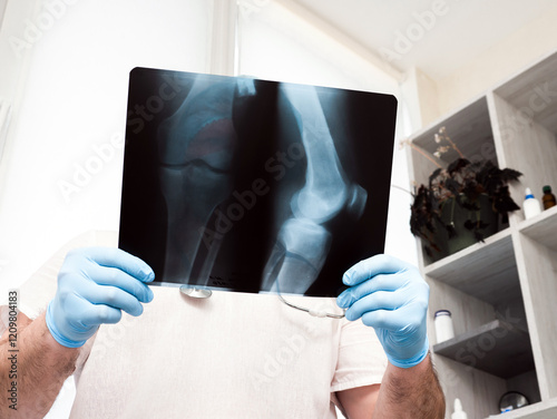 Doctor in the clinic, traumatologist analyzes a broken leg. X-ray of the knee. Ultrasound. Injury of the leg in the knee joint. Osteoporosis