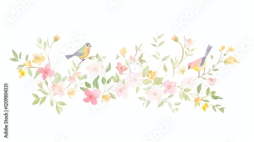 Spring bouquet as divider watercolor bird graphics painting