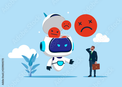 Open robot head to see angry faces. Concept of bad new and idea. Burnout from tiring work or demotivation from failure, stress. AI assistant support. Flat vector illustration.