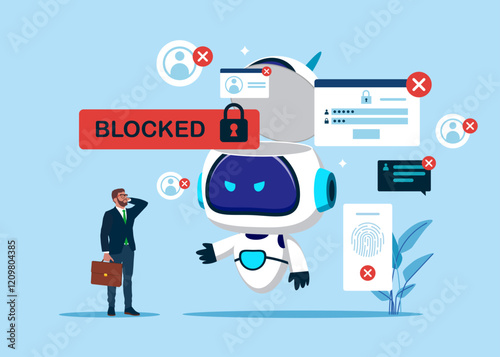 Businessman surprised with Blocked Account on robot. Hacker Cyber Attack, Censorship or Ransomware Activity Security. Vector illustration