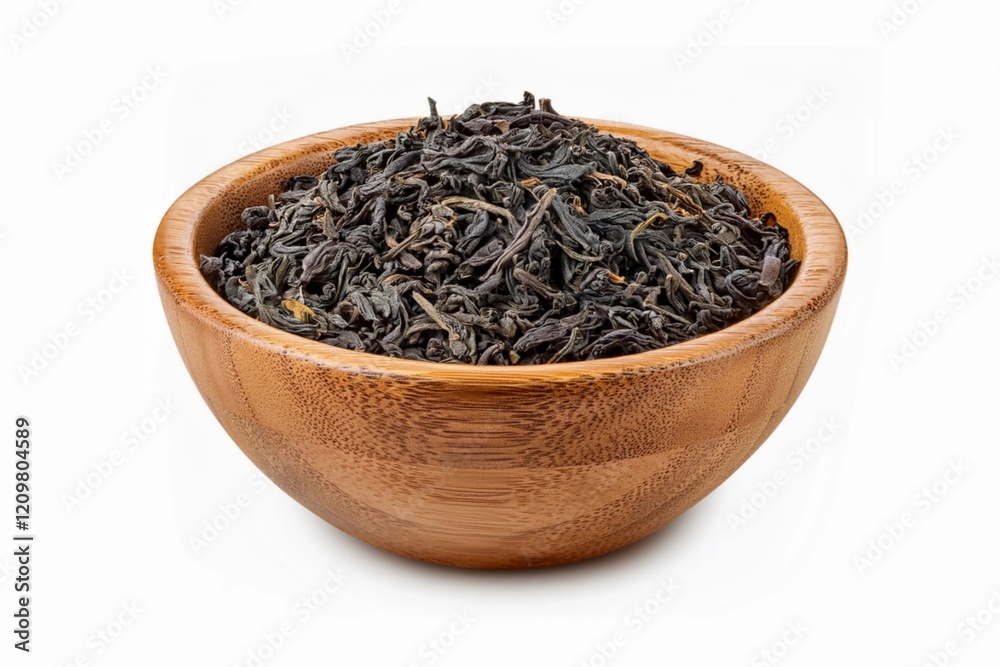 Dried tea leaves in wooden teak bowl isolated on white background with clipping path and full depth of field Dried tea leaves in wooden teak bowl isolated on white background with clipping path and full depth of field