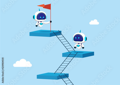 Technology concept a ladder Corporate of success. Robots climb ladder to next level. AI assistant support. Flat vector illustration