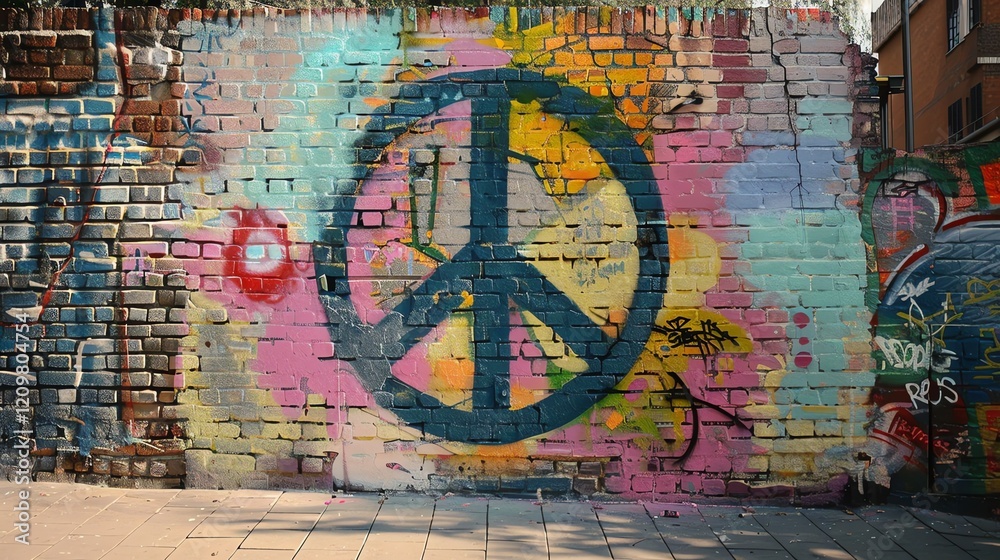 Obraz premium A brick wall covered in colorful graffiti with a large peace sign in the center.