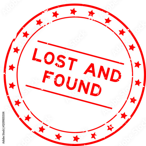 Grunge red lost and found word round rubber seal stamp on white background