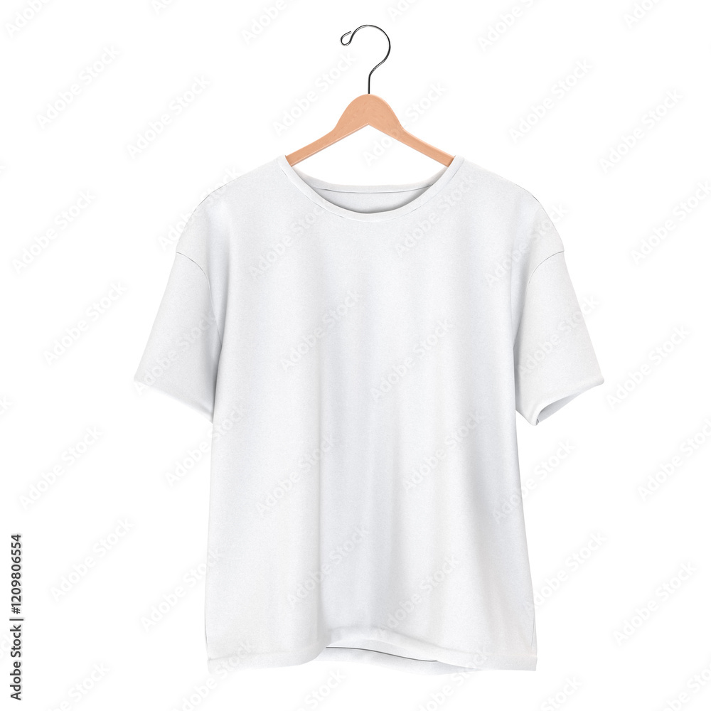 Blank t-shirt mockup on wooden hanger realistic collections. Empty textile casual apparel with sleeve mockup, isolated. Clear cotton crew neck tee design model presentation for print. 3D Illustration Blank t-shirt mockup on wooden hanger realistic collections. Empty textile casual apparel with sleeve mockup, isolated. Clear cotton crew neck tee design model presentation for print. 3D Illustration