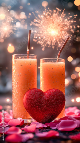 Sparkling celebration with fruity drinks and a heart decoration at night photo