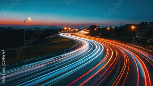 Night Highway Lights Trails, Cityscape at Dusk