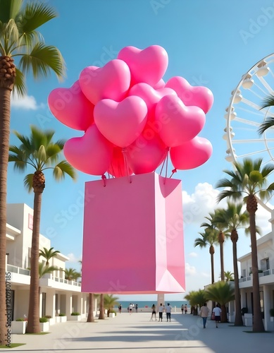 A large pink gift box is floating in the air, filled with numerous pink heart-shaped balloons . The background features modern buildings on either side, with palm trees and a large Ferris wheel