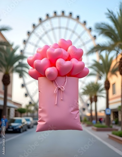 A large pink gift box is floating in the air, filled with numerous pink heart-shaped balloons . The background features modern buildings on either side, with palm trees and a large Ferris wheel