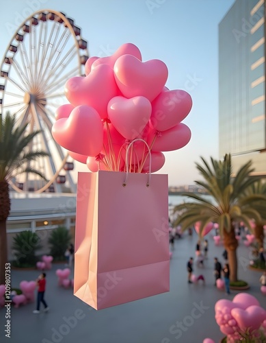 A large pink gift box is floating in the air, filled with numerous pink heart-shaped balloons . The background features modern buildings on either side, with palm trees and a large Ferris wheel