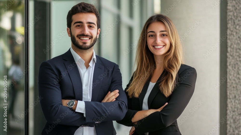 Two business people man and woman --ar 16:9 --style raw Two business people man and woman --ar 16:9 --style raw