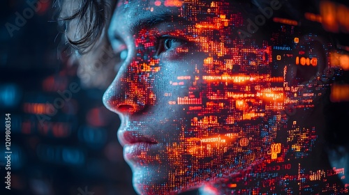 Futuristic Portrait of a Young Person with Abstract Digital Data Projections Highlighting Technology and Innovation in an Artistic Representation
