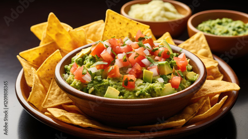Delicious guacamole bowl topped with fresh tomatoes and herbs, served with crispy tortilla chips. Perfect for parties or gatherings, this vibrant dish is crowd pleaser photo