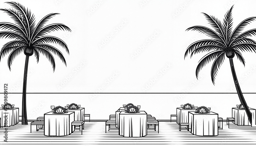 Obraz premium Minimalist Black and White Illustration of Tropical Beachside Dining Setup
