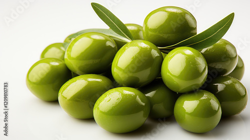 Wallpaper Mural Fresh green olives with leaves arranged in pile, showcasing their glossy surface and vibrant color. Perfect for culinary uses or as healthy snack on plain white background Torontodigital.ca