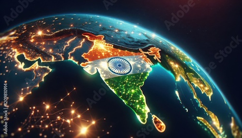 Earth from space focusing on India lit up in glowing lights and detailed connections for futuristic global business concepts