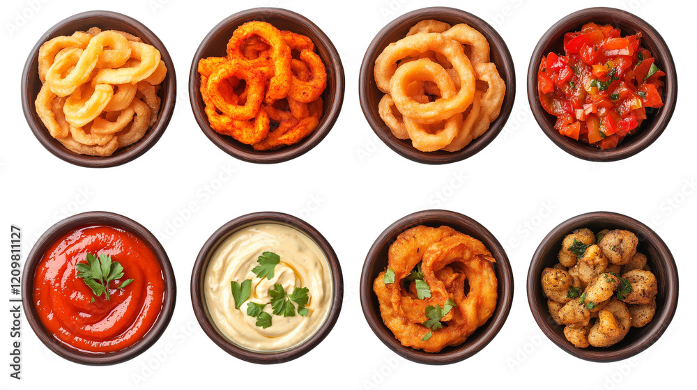 Set of crispy onion rings with spicy dips isolated on transparent white background Set of crispy onion rings with spicy dips isolated on transparent white background