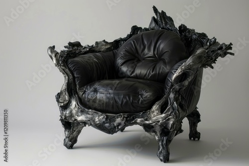 Luxurious black leather armchair with an intricate wooden structure, creating a unique and stylish piece of furniture