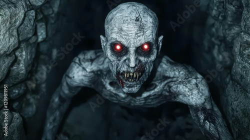Grotesque Humanoid Creature with Distorted Features in Dark, Creepy Environment