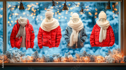 Winter clothing display featuring cozy jackets and scarves in a festive storefront window surrounded by snow photo