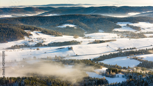 Fototapeta Naklejka Na Ścianę i Meble -  Scenic Drone Perspective of a Frozen Mountain Valley