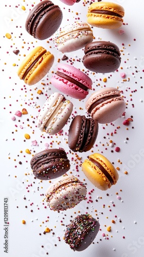 Wallpaper Mural A vibrant assortment of colorful macarons scattered artistically, showcasing a variety of flavors and textures against a light background. Torontodigital.ca