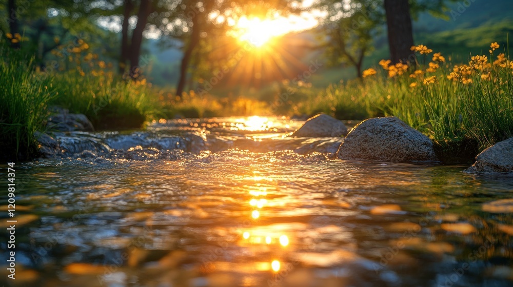 Fototapeta premium Sunset stream, forest, golden hour, nature, calm