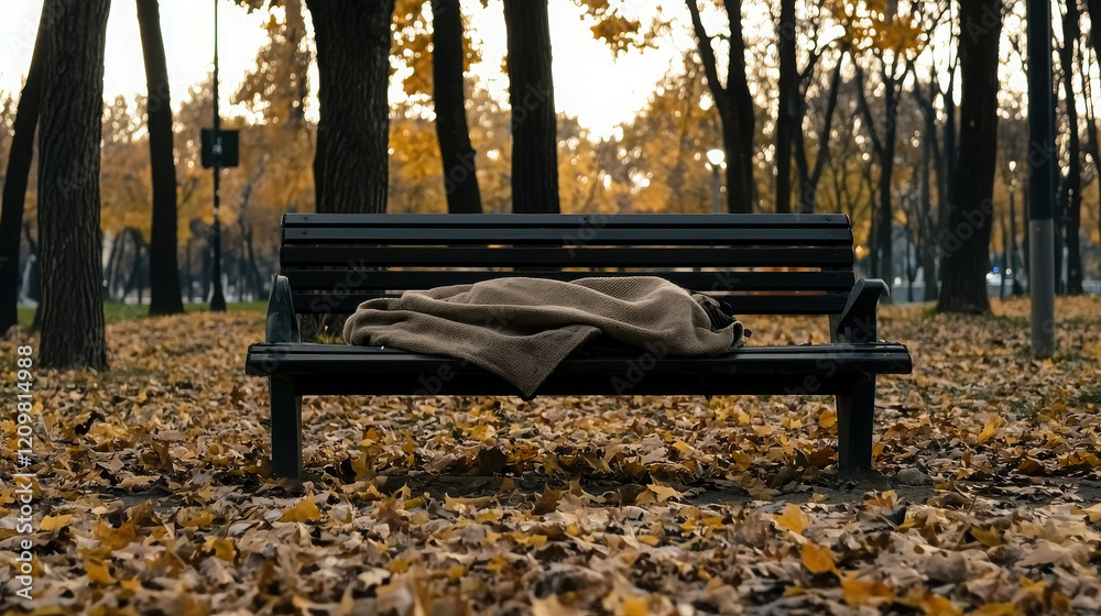 Autumn Slumber: A lone figure, wrapped in a brown blanket, rests on a park bench amidst a carpet of fallen leaves, capturing a moment of quiet contemplation and the melancholic beauty of autumn. Autumn Slumber: A lone figure, wrapped in a brown blanket, rests on a park bench amidst a carpet of fallen leaves, capturing a moment of quiet contemplation and the melancholic beauty of autumn.