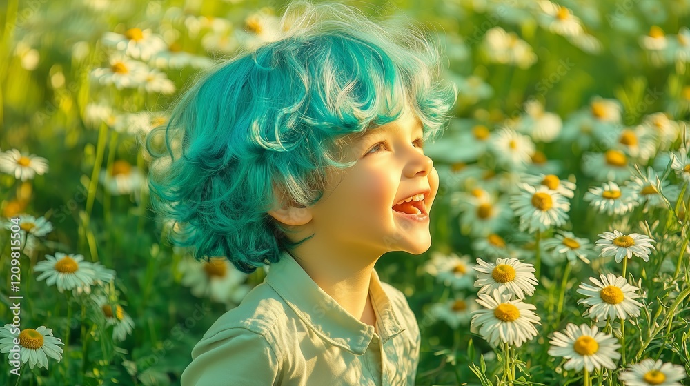 Naklejka premium Innocence, Flower, Field, Looking, Sunlight, minimalistic, Joyful Child in a Flower Field with Unique Hair Color