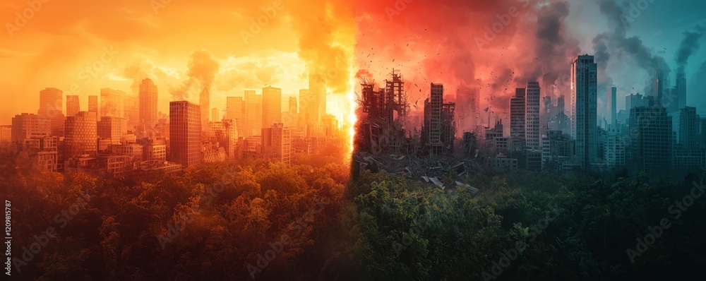 Contrast of Destruction and Nature in Urban Landscape Scene Contrast of Destruction and Nature in Urban Landscape Scene