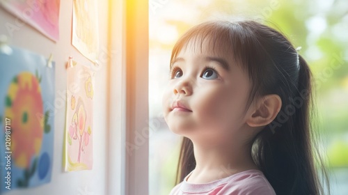 Child gazing intently at vibrant pictures, capturing the imagination and sparking curiosity in the young mind. The essence of childhood wonder and exploration.
