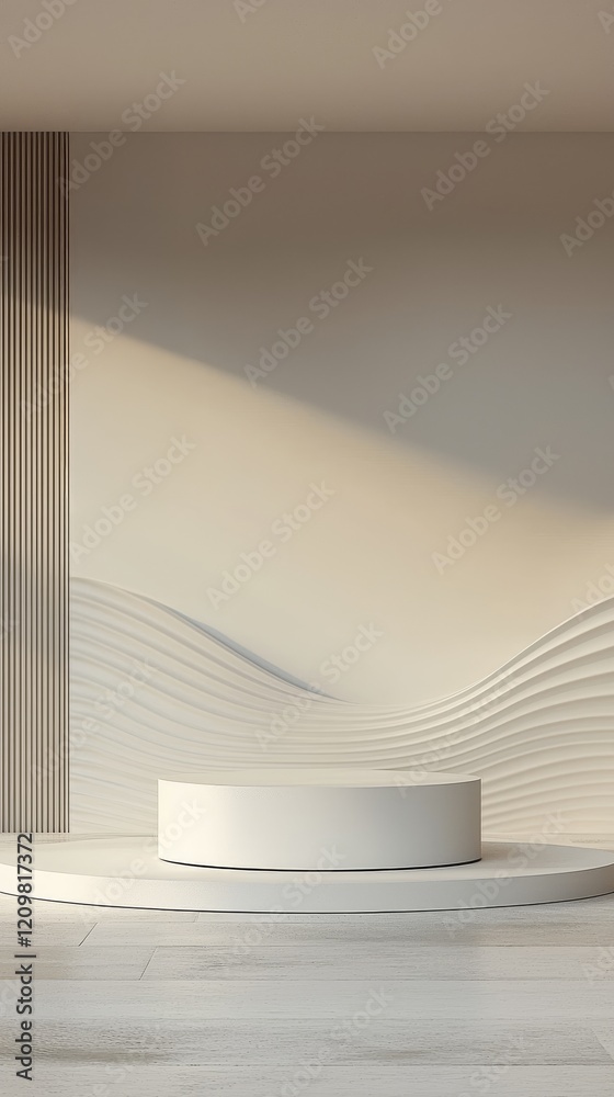 Fototapeta premium A minimalist stage with a circular platform against a textured wall, featuring soft light and gentle curves, creating a serene and elegant atmosphere.