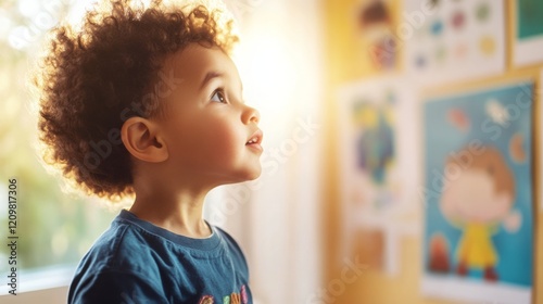 Child gazing intently at vibrant pictures, capturing the imagination and sparking curiosity in the young mind. The essence of childhood wonder and exploration.