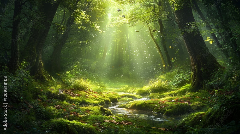 Obraz premium Tranquil Forest Scene with Sunlight and Gentle Stream Flowing