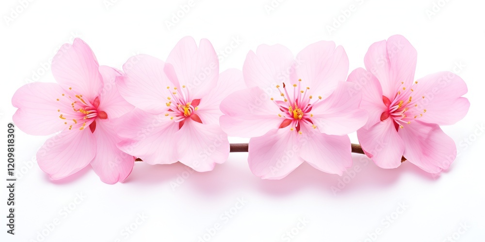 Three pink cherry blossom flowers isolated on a white background. bokeh background Three pink cherry blossom flowers isolated on a white background. bokeh background